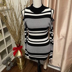 Black and White Striped, Open Shoulder Sweater Top